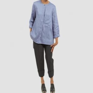 AYRTIGHT Wren Mackenzie Manor 3/4 Sleeve 100% Linen Button Front Blouse Blue SzL